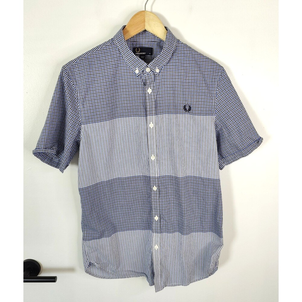 Fred Perry Check Striped Shirt Mens Medium Blue White Cotton Button Up Mod 60s